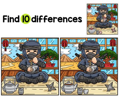 Ninja Yiyen Ramen çocuklar aktivite sayfasındaki farklılıkları bul ya da bul. Çocuklar için eğlenceli ve eğitici bir bulmaca eşleştirme oyunu.