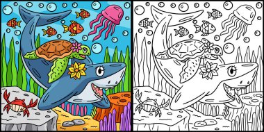 Bu renkli sayfa köpekbalığı ve kaplumbağayı gösteriyor. Bu illüstrasyonun bir tarafı renkli ve çocuklar için bir ilham kaynağı..