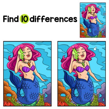 Bu Güzel Denizkızı Çocuk aktivite sayfasındaki farklılıkları bul ya da bul. Çocuklar için eğlenceli ve eğitici bir bulmaca eşleştirme oyunu.