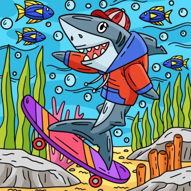 Bu karikatür, köpekbalığı kaykayı resimlerini gösteriyor..