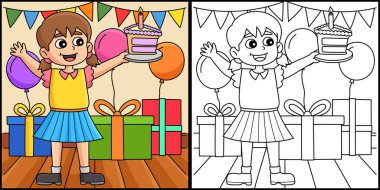 Bu boyama sayfasında doğum günü pastası tutan bir kız var. Bu illüstrasyonun bir tarafı renkli ve çocuklar için bir ilham kaynağı..