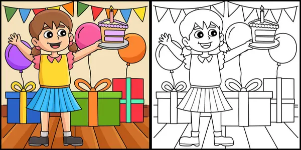 Bu boyama sayfasında doğum günü pastası tutan bir kız var. Bu illüstrasyonun bir tarafı renkli ve çocuklar için bir ilham kaynağı..