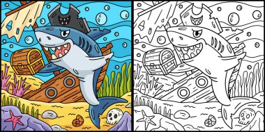 Bu renklendirme sayfasında hazine sandığı olan bir korsan köpekbalığı var. Bu illüstrasyonun bir tarafı renkli ve çocuklar için bir ilham kaynağı..