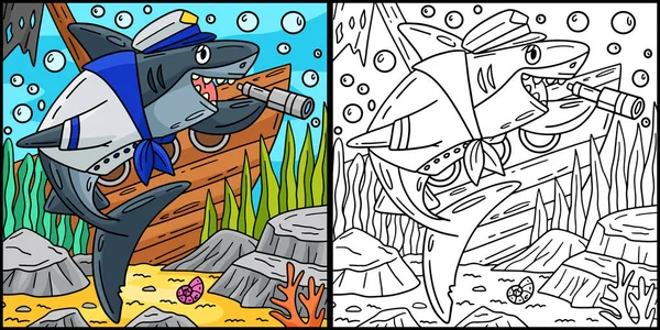 Bu renklendirme sayfasında Denizci kıyafetli bir köpekbalığı var. Bu illüstrasyonun bir tarafı renkli ve çocuklar için bir ilham kaynağı..