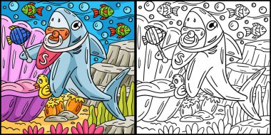 Bu boyama sayfasında bir Bebek Köpekbalığı var. Bu illüstrasyonun bir tarafı renkli ve çocuklar için bir ilham kaynağı..
