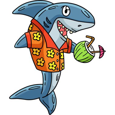 Bu karikatür, tropikal içecek resimli bir köpekbalığını gösteriyor..