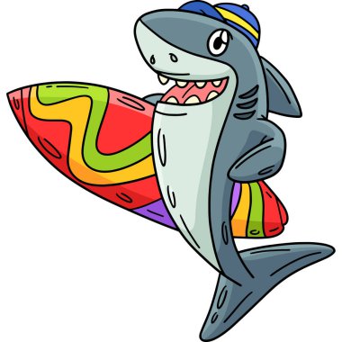 Bu karikatür, sörf tahtası resimli bir köpekbalığını gösteriyor..