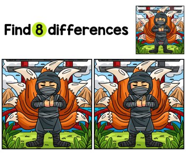 Dokuz Kuyruklu Ninja çocuk aktivite sayfasındaki farklılıkları bul ya da bul. Çocuklar için eğlenceli ve eğitici bir bulmaca eşleştirme oyunu.
