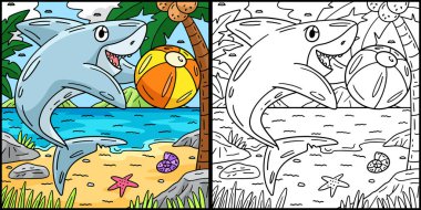 Bu boyama sayfasında köpekbalığı plaj topu oynuyor. Bu illüstrasyonun bir tarafı renkli ve çocuklar için bir ilham kaynağı..