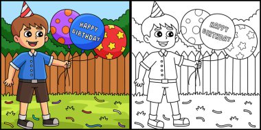 Bu boyama sayfasında Mutlu Yıllar Balonları 'na sahip bir çocuk var. Bu illüstrasyonun bir tarafı renkli ve çocuklar için bir ilham kaynağı..