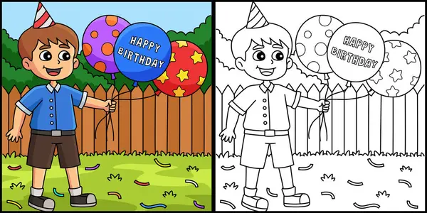 Bu boyama sayfasında Mutlu Yıllar Balonları 'na sahip bir çocuk var. Bu illüstrasyonun bir tarafı renkli ve çocuklar için bir ilham kaynağı..