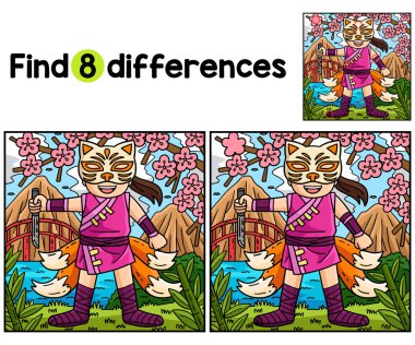 Kitsune Maskeli ve Kuyruklu Çocuklar aktivite sayfası ile bu Ninja 'daki farklılıkları bul ya da bul. Çocuklar için eğlenceli ve eğitici bir bulmaca eşleştirme oyunu.