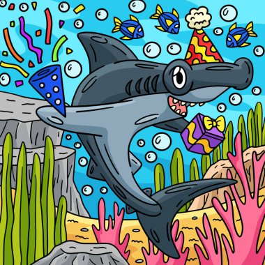 Bu karikatür, Parti Şapkası ve Konfeti illüstrasyonlu bir köpekbalığını gösteriyor..