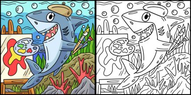 Bu boyama sayfası resim malzemeli bir köpekbalığını gösteriyor. Bu illüstrasyonun bir tarafı renkli ve çocuklar için bir ilham kaynağı..