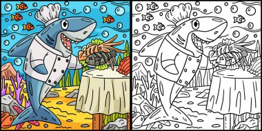 Bu boyama sayfası Şef Köpekbalığı 'nı gösteriyor. Bu illüstrasyonun bir tarafı renkli ve çocuklar için bir ilham kaynağı..