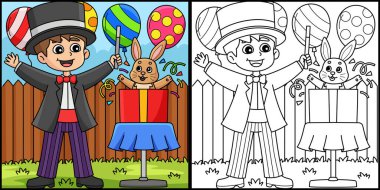 Bu boyama sayfasında tavşanlı bir doğum günü sihirbazı var. Bu illüstrasyonun bir tarafı renkli ve çocuklar için bir ilham kaynağı..