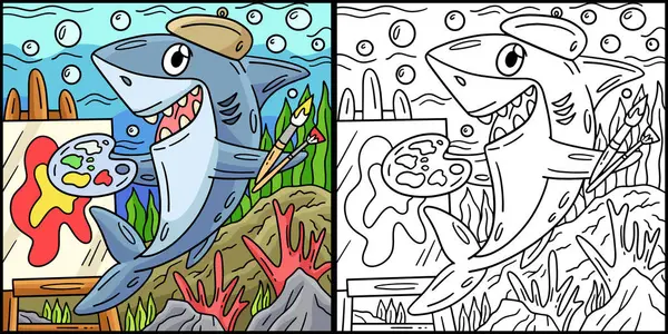 Bu boyama sayfası resim malzemeli bir köpekbalığını gösteriyor. Bu illüstrasyonun bir tarafı renkli ve çocuklar için bir ilham kaynağı..