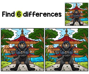 Bu Ninja 'daki farklılıkları Pagoda Çocuk aktivite sayfasının önünde bul ya da bul. Çocuklar için eğlenceli ve eğitici bir bulmaca eşleştirme oyunu.