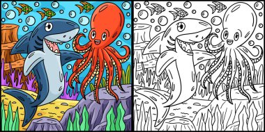 Bu renkli sayfa bir köpekbalığı ve bir ahtapotu gösteriyor. Bu illüstrasyonun bir tarafı renkli ve çocuklar için bir ilham kaynağı..