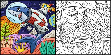 Bu renklendirme sayfası bir Uzay Köpekbalığı gösteriyor. Bu illüstrasyonun bir tarafı renkli ve çocuklar için bir ilham kaynağı..