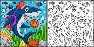 Bu boyama sayfasında okul çantası takan bir köpekbalığı var. Bu illüstrasyonun bir tarafı renkli ve çocuklar için bir ilham kaynağı..