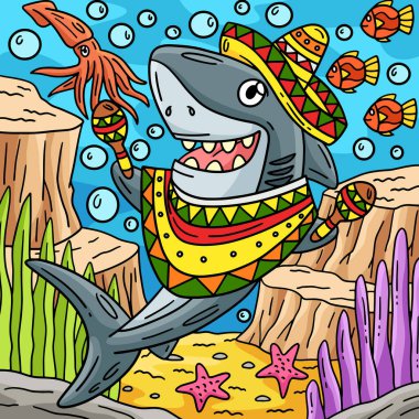 Bu karikatür, Sombrero ve Maracas çizimleri olan bir köpekbalığını gösteriyor..