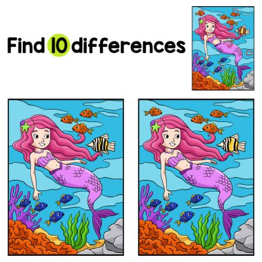 Denizkızı ve Balık Çocuklar aktivite sayfasındaki farklılıkları bul ya da tespit et. Çocuklar için eğlenceli ve eğitici bir bulmaca eşleştirme oyunu.