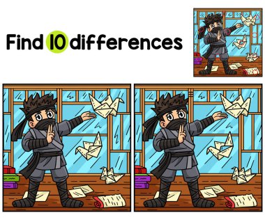 Bu Ninja 'daki farklılıkları Origami Çocuk aktivite sayfası ile bul ya da bul. Çocuklar için eğlenceli ve eğitici bir bulmaca eşleştirme oyunu.