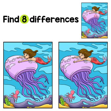 Dev Denizanası Çocuk aktivite sayfasında bulunan Denizkızı 'nın farklılıklarını bul ya da tespit et. Çocuklar için eğlenceli ve eğitici bir bulmaca eşleştirme oyunu.