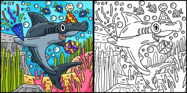 Bu boyama sayfasında Parti Şapkası ve Konfeti olan bir köpekbalığı var. Bu illüstrasyonun bir tarafı renkli ve çocuklar için bir ilham kaynağı..