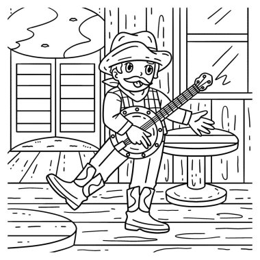 Banjo çalan bir kovboyun sevimli ve komik renkli sayfası. Çocuklar için saatlerce boyama eğlencesi sağlıyor. Renklendirmek için, bu sayfa çok kolaydır. Küçük çocuklar ve yeni yürümeye başlayanlar için uygun.. 