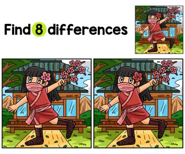 Bu Ninja Kunoichi ile Sakura Branch arasındaki farkı bul ya da bul. Çocuklar aktivite sayfası. Çocuklar için eğlenceli ve eğitici bir bulmaca eşleştirme oyunu.