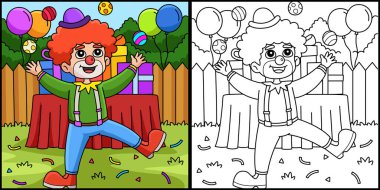 Bu boyama sayfasında bir doğum günü palyaçosu var. Bu illüstrasyonun bir tarafı renkli ve çocuklar için bir ilham kaynağı..
