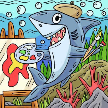 Bu karikatür parçası resim malzemeli bir köpekbalığını gösteriyor..