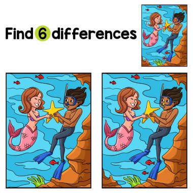 Yıldız Çocuk aktivite sayfası tutan bir dalgıçla denizkızı arasındaki farkı bul ya da bul. Çocuklar için eğlenceli ve eğitici bir bulmaca eşleştirme oyunu.