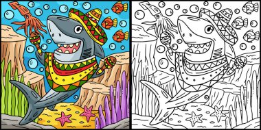 Bu boyama sayfasında Sombrero ve Maracas 'lı bir köpekbalığı var. Bu illüstrasyonun bir tarafı renkli ve çocuklar için bir ilham kaynağı..