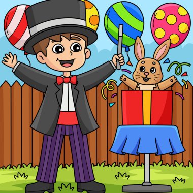 Bu karikatür, Tavşan resimli bir doğum günü sihirbazını gösteriyor..