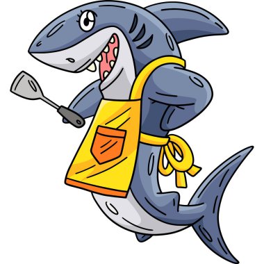 Bu karikatür parçası önlüklü ve Spatula illüstrasyonlu bir köpekbalığını gösteriyor.