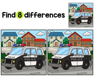 Find or spot the differences on this Police Car Kids activity page. A funny and educational puzzle-matching game for children.  clipart