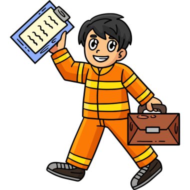 Bu karikatür klipinde, panosu ve el çantası illüstrasyonu olan bir itfaiyeci görülüyor..