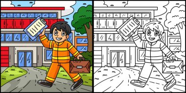 Bu renkli sayfa istasyona giden bir itfaiyeciyi gösteriyor. Bu illüstrasyonun bir tarafı renkli ve çocuklar için bir ilham kaynağı..