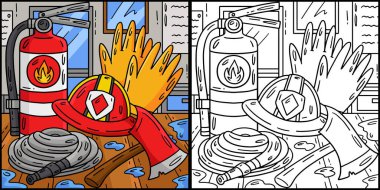 Bu renklendirme sayfasında İtfaiye Aletleri var. Bu illüstrasyonun bir tarafı renkli ve çocuklar için bir ilham kaynağı..