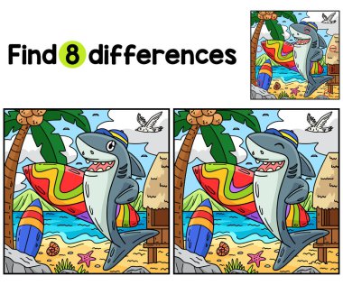 Sörf tahtası çocuklar faaliyet sayfası ile Shark 'taki farklılıkları bul ya da bul. Çocuklar için eğlenceli ve eğitici bir bulmaca eşleştirme oyunudur..