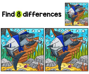 Denizci giyimli çocuklar aktivite sayfasındaki köpek balığı farkını bul ya da tespit et. Çocuklar için eğlenceli ve eğitici bir bulmaca eşleştirme oyunudur..