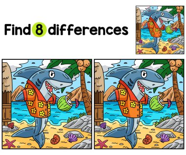 Bu köpekbalığı ile Tropikal İçici Çocuklar aktivite sayfası arasındaki farkı bul ya da bul. Çocuklar için eğlenceli ve eğitici bir bulmaca eşleştirme oyunudur..