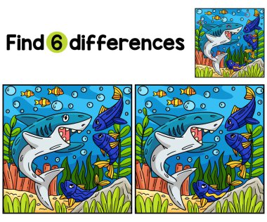 Shark ve Fish Friend Kids etkinlik sayfasındaki farklılıkları bul ya da bul. Çocuklar için eğlenceli ve eğitici bir bulmaca eşleştirme oyunudur..