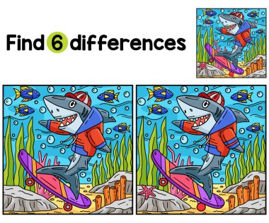Köpekbalığı Kaykaycı Çocuklar aktivite sayfasındaki farklılıkları bul ya da tespit et. Çocuklar için eğlenceli ve eğitici bir bulmaca eşleştirme oyunudur..