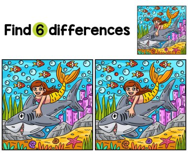 Köpekbalığı ve Denizkızı Çocukları aktivite sayfasındaki farklılıkları bul ya da tespit et. Çocuklar için eğlenceli ve eğitici bir bulmaca eşleştirme oyunudur..