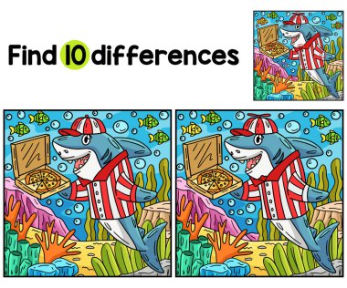 Pizza Köpekbalığı Çocukları aktivite sayfasındaki farklılıkları bul ya da tespit et. Çocuklar için eğlenceli ve eğitici bir bulmaca eşleştirme oyunudur..