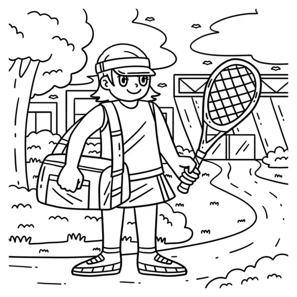 stock vector A cute and funny coloring page of a Tennis Female Player with a Bag and Racket. Provides hours of coloring fun for children. To color, this page is very easy. Suitable for little kids and toddlers. 